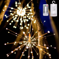 LED vuurwerkverlichting Koperdraad Starburst lichtslingers 8 standen Batterijvoeding Kerstdecoratieverlichting