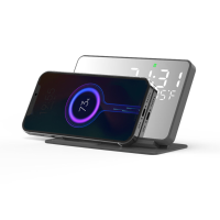 Mirror Digital Alarm Clock LED Support 15W Phone Wireless Charging Real Time Temperature