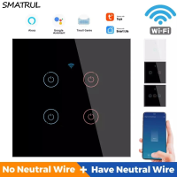 SMATRUL 1/2/3/4 Gang Tuya Smart Life Touch WiFi Wandschakelaar Licht APP Geen neutrale Draad vereist EU Glas Voice Googl