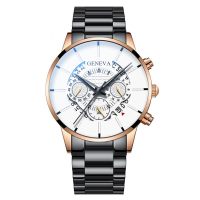 Versierde wijzer Zakelijke stijl herenhorloge Kalender roestvrij stalen band quartz horloge