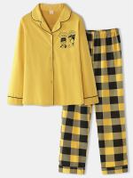 Vrouwen Anime Print Lange Mouw Plaid Elastische Taille Thuis Pyjama Set