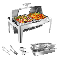 Warmounts 9QT Rechthoekige Roldeksel Chafingdish Buffet set, Roestvrijstalen Catering Server Voedselverwarmer met Glazen