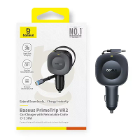 Baseus Primetrip VR2 30W 2 poorts USB autoladeradapter met oprolbare USB C kabel + USB C poort ondersteunt PD QC SCP sne