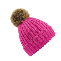 Beechfield gebreide wintermuts met bruine nep bont pompon   fuchsia roze   dames/heren