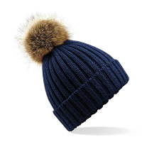 Beechfield gebreide wintermuts met bruine nep bont pompon   navy blauw   dames/heren
