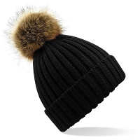 Beechfield gebreide wintermuts met bruine nep bont pompon   zwart   dames/heren