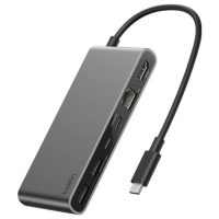 Belkin INC024hqSGY USB hub 8 + 1 poorten Gigabit LAN (1/2.5 Gbit/s), HDMI, Micro SD, SD, USB A, USB C 10 GBit/s Met USB C stekker, USB C PD laadaansluiting