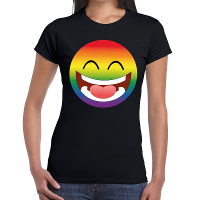 Big emoticon/emoticon regenboog gay pride t shirt zwart dames