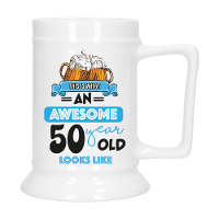 Cadeau Bierpul voor 50 jaar   blauw   grappige leeftijd bierpul   keramiek   530 ml   Abraham