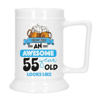 Cadeau Bierpul voor 55 jaar   blauw   grappige leeftijd bierpul   keramiek   530 ml