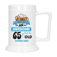 Cadeau Bierpul voor 65 jaar   blauw   grappige leeftijd bierpul   keramiek   530 ml
