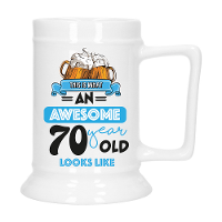 Cadeau Bierpul voor 70 jaar   blauw   grappige leeftijd bierpul   keramiek   530 ml