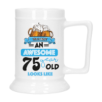 Cadeau Bierpul voor 75 jaar   blauw   grappige leeftijd bierpul   keramiek   530 ml