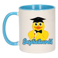 Cadeau koffie/thee mok   blauw   geslaagd   bad eend   gefeliciteerd   300 ml   keramiek