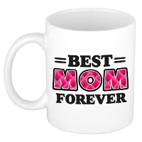 Cadeau koffie/thee mok   de beste mama voor altijd   vierkantjes   fuchsia   300 ml   keramiek