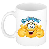 Cadeau koffie/thee mok   duim omhoog smiley   geslaagd   blauw   300 ml   keramiek