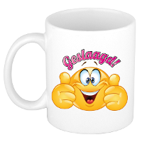 Cadeau koffie/thee mok   duim omhoog smiley   geslaagd   roze   300 ml   keramiek