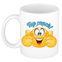 Cadeau koffie/thee mok   duim omhoog smiley   top coach/trainer   blauw   300 ml