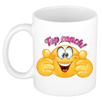 Cadeau koffie/thee mok   duim omhoog smiley   top coach/trainer   roze   300 ml   keramiek