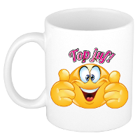 Cadeau koffie/thee mok   duim omhoog smiley   top juf   roze   300 ml   keramiek