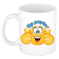 Cadeau koffie/thee mok   duim omhoog smiley   top meester   blauw   300 ml   keramiek
