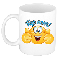 Cadeau koffie/thee mok   duim omhoog smiley   top oom   blauw   300 ml   keramiek