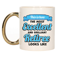 Cadeau koffie/thee mok   excellent gepensioneerde   goud/blauw   keramiek   300 ml