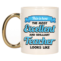 Cadeau koffie/thee mok   excellent leraar/mentor   goud/blauw   keramiek   300 ml