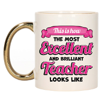 Cadeau koffie/thee mok   excellent leraar/mentor   goud/roze   keramiek   300 ml