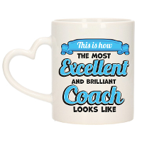 Cadeau koffie/thee mok   excellent trainer/coach   blauw   keramiek   300 ml