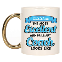 Cadeau koffie/thee mok   excellent trainer/coach   goud/blauw   keramiek   300 ml