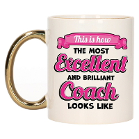 Cadeau koffie/thee mok   excellent trainer/coach   goud/roze   keramiek   300 ml