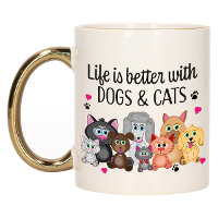 Cadeau koffie/thee mok   life is better with cats and dogs   gouden oor