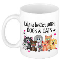 Cadeau koffie/thee mok   life is better with cats and dogs   wit   300 ml   keramiek   huisdieren