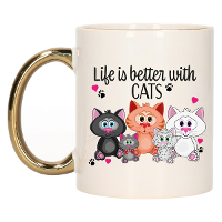 Cadeau koffie/thee mok   life is better with cats   gouden oor   poesen