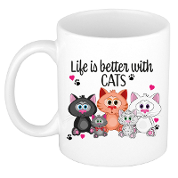 Cadeau koffie/thee mok   life is better with cats   wit   300 ml   keramiek   katten