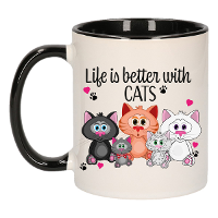 Cadeau koffie/thee mok   life is better with cats   zwart oor   katten