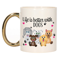 Cadeau koffie/thee mok   life is better with dogs   gouden oor   honden