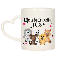 Cadeau koffie/thee mok   life is better with dogs   wit   hartjes oor   honden