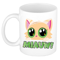 Cadeau koffie/thee mok   poes/kat   Miauw   creme   300 ml   keramiek   katten mok