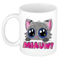 Cadeau koffie/thee mok   poes/kat   Miauw   grijs   300 ml   keramiek   katten mok