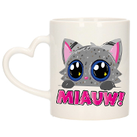 Cadeau koffie/thee mok   poes/kat   Miauw   grijs   hartjes oor   keramiek   poesje