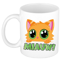 Cadeau koffie/thee mok   poes/kat   Miauw   groen   300 ml   keramiek   katten mok