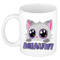 Cadeau koffie/thee mok   poes/kat   Miauw   paars   300 ml   keramiek   katten mok