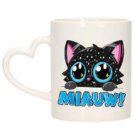 Cadeau koffie/thee mok   poes/kat   Miauw   zwart   hartjes oor   keramiek   poesje