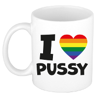 Cadeau koffie/thee mok   regenboog   I love pussy   pride / gay   300 ml   keramiek   vrijgezellen