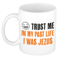 Cadeau koffie/thee mok   trust me I was Jezus   oranje   keramiek   300 ml