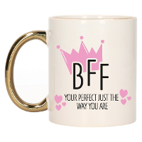 Cadeau koffie/thee mok voor BFF   kroon/hartjes   goud   300 ml   keramiek