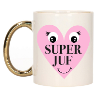Cadeau koffie/thee mok voor Juf   goud   Super Juf hartje   keramiek   300 ml