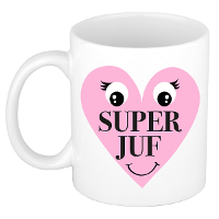 Cadeau koffie/thee mok voor Juf   roze   Super Juf hartje   keramiek   300 ml